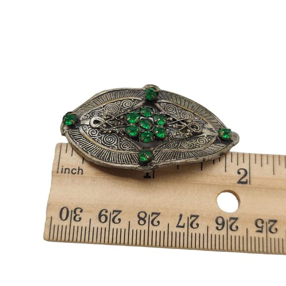 Vintage Czech 1920s Stamped Brass Green Glass Brooch With Art Deco Design - Picture 5 of 5